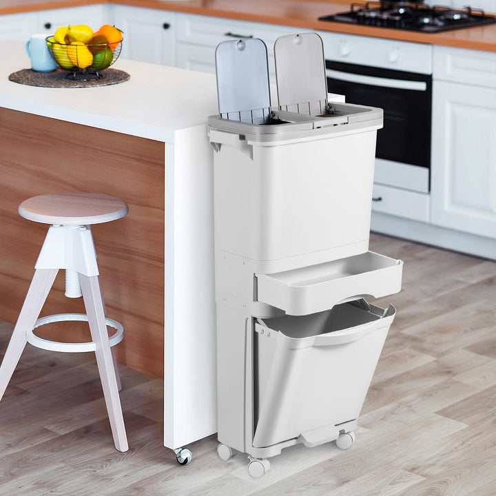 ISOISL Mülleimer Küche 3 Fächer, 42L Trocken und Nasstrennung Abfalleimer Küche mit Deckel, Tretmüll