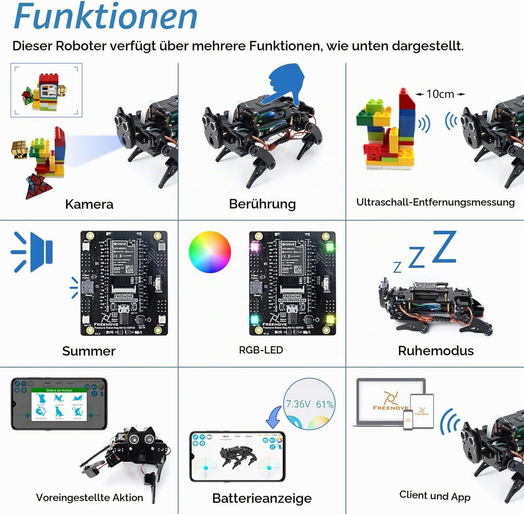 FREENOVE Robot Dog Kit for ESP32-WROVER (Included), Camera, Walking, Ultrasonic Ranging, Touch Senso