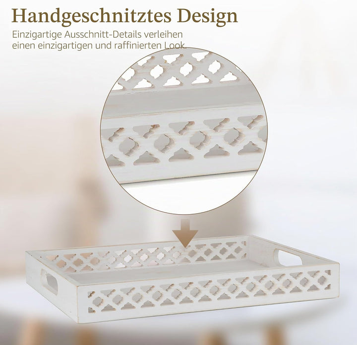 Hanobe Serviertablett Holztablett Deko Tablett: Rechteckig Bauernhaus Dekotablett Holz Weiss mit Hen