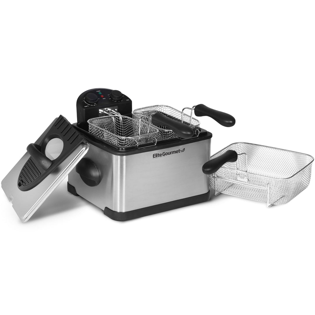 Elite Gourmet EDF-401T Elektrische Öl-Fritteuse, 3 Behälter, 1700 W, Timer-Steuerung, einstellbare T