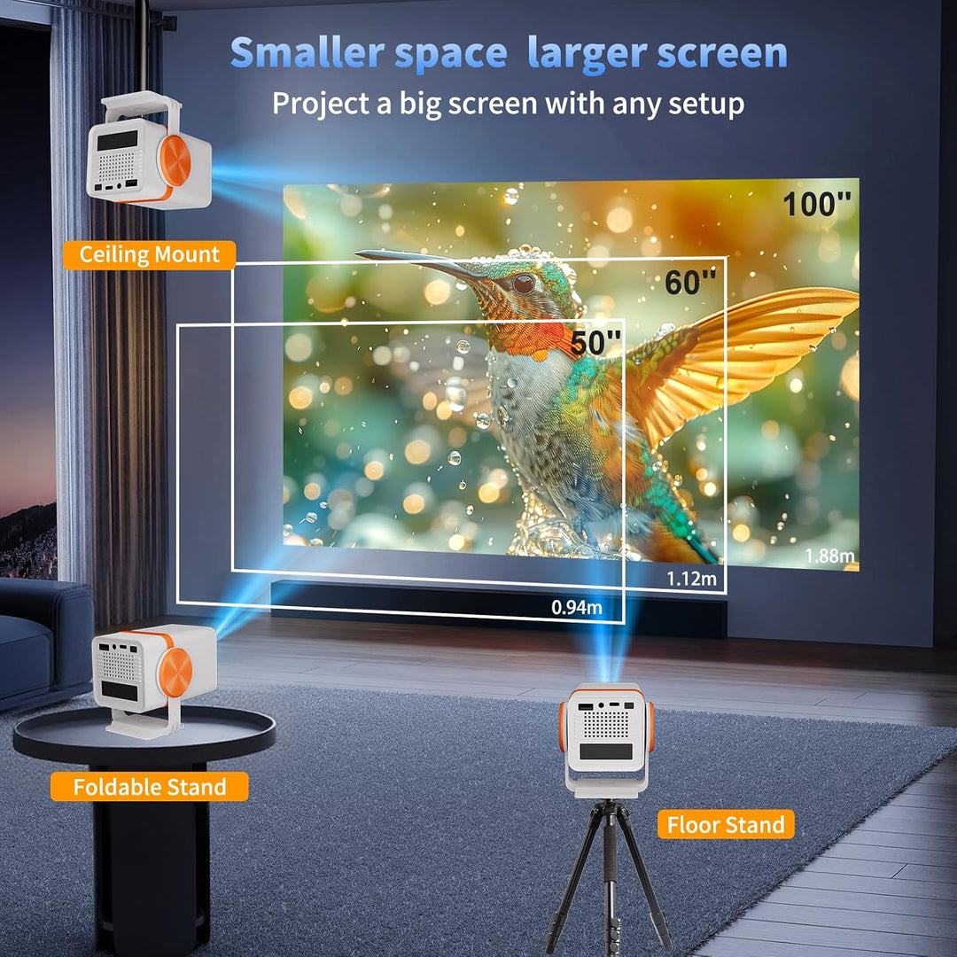 Mini Beamer 4K Unterstützt, Tragbarer Projektor,Android 13, WiFi6 &amp; BT5.0, Short Throw Beamer Klein