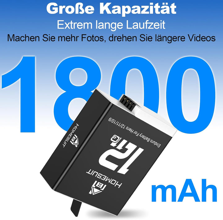 Homesuit Hero 12 11 10 9 Akku Enduro 1800mAh und 3-Kanal LCD USB Ladegerät 2er-Pack (HERO12Black/HER