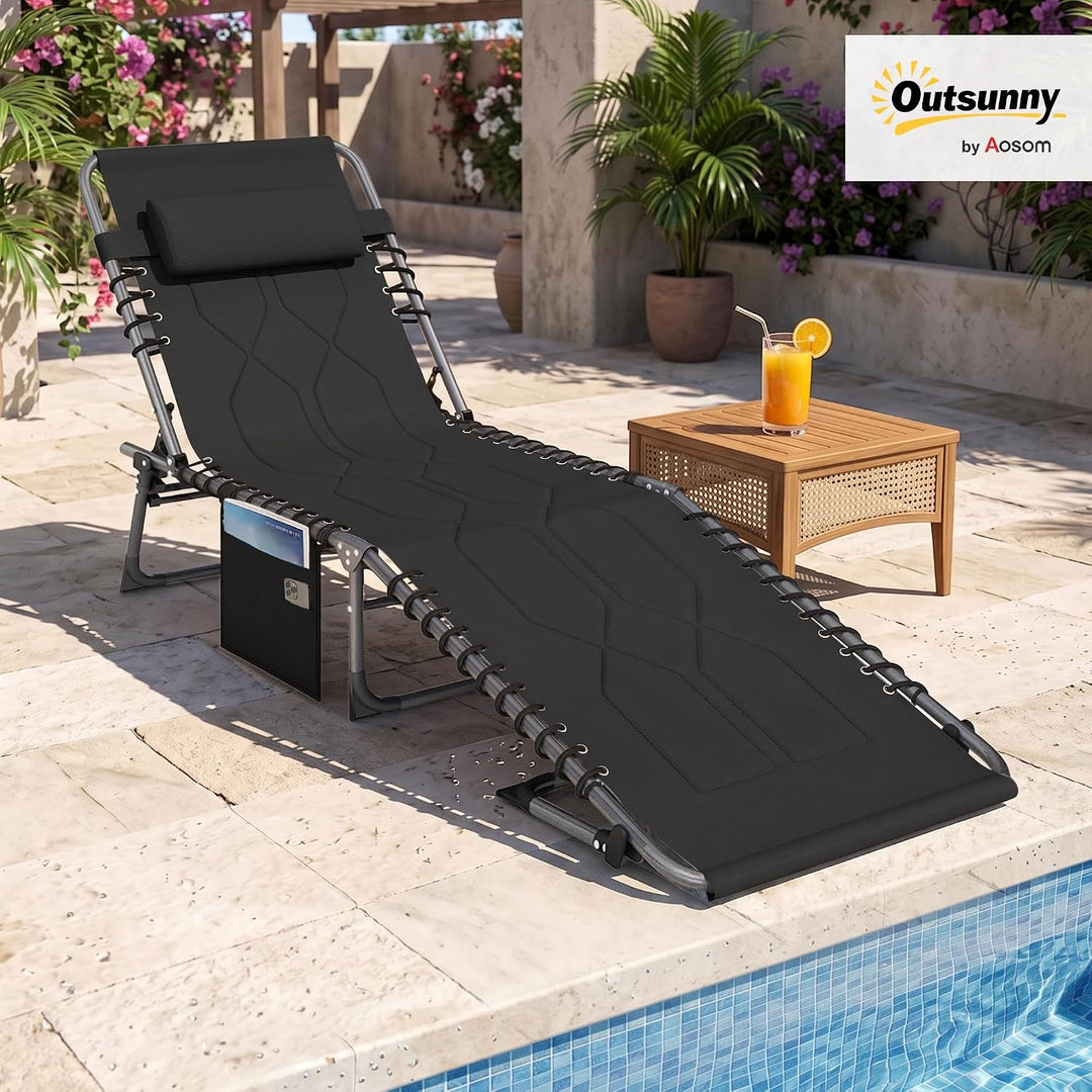 Outsunny Sonnenliege Klappbare Gartenliege Kopfkissen Seitentasche Schwarz | Liegestuhl, 5-Fach Vers