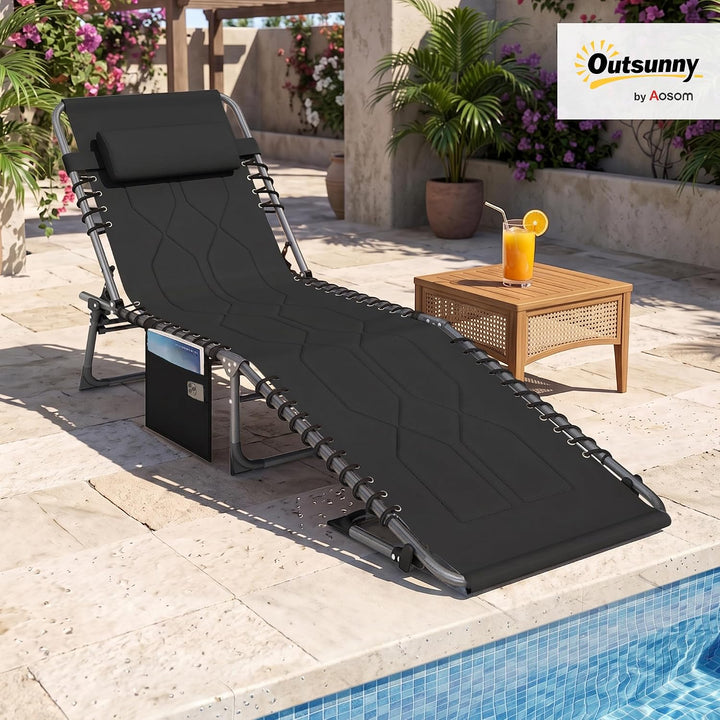 Outsunny Sonnenliege Klappbare Gartenliege Kopfkissen Seitentasche Schwarz | Liegestuhl, 5-Fach Vers
