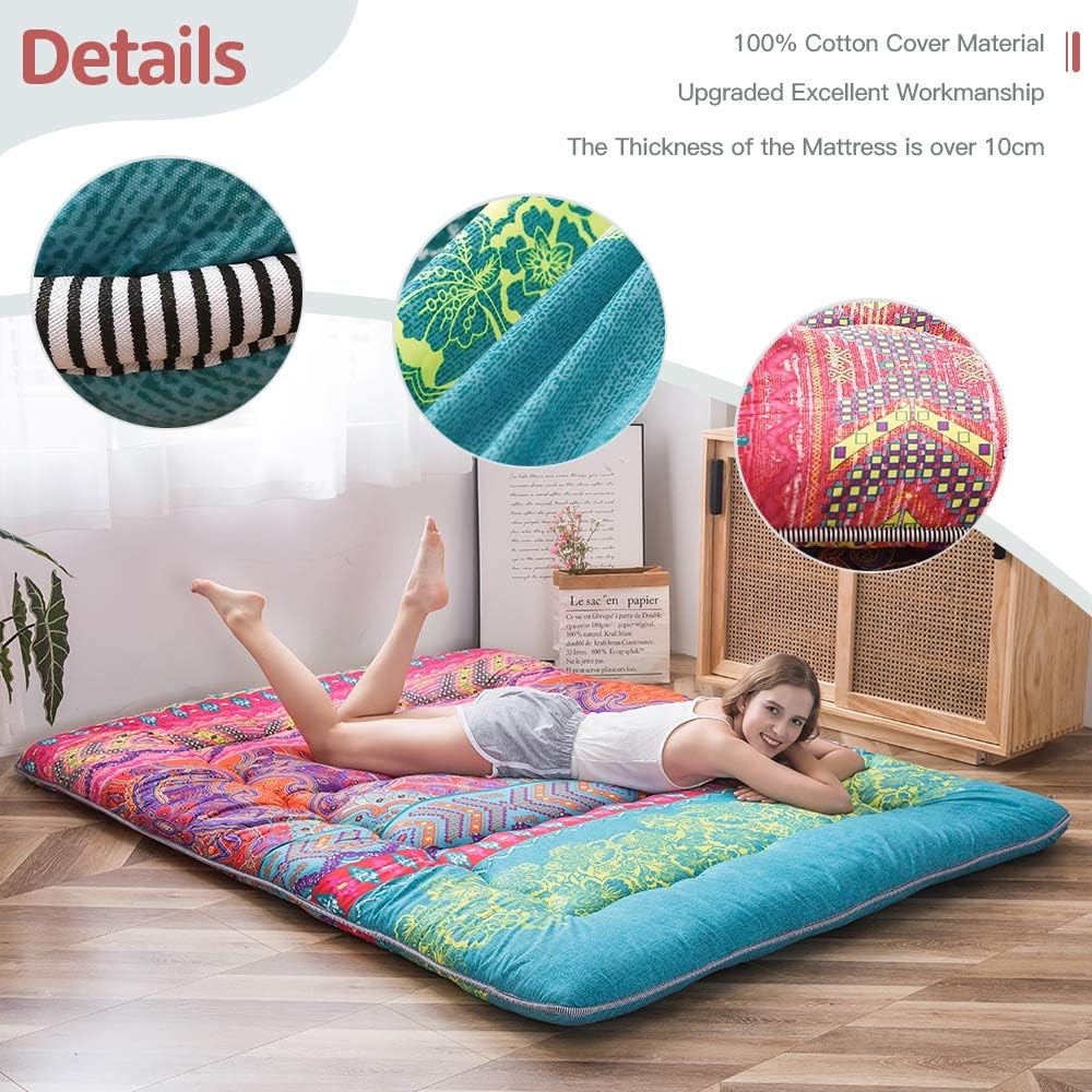 MAXYOYO Böhmische Retro Futon Matratze - Vintage Blumenmuster japanische Bodenmatratze - rollbar ver