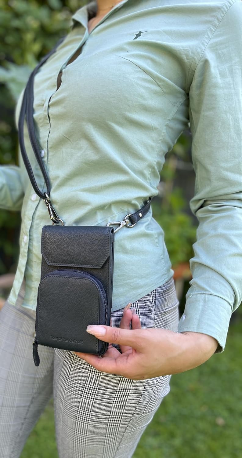 Josephine Osthoff Handy Umhängetasche mit Vortasche für Kopfhörer, handgemacht aus 100% Echtleder, C