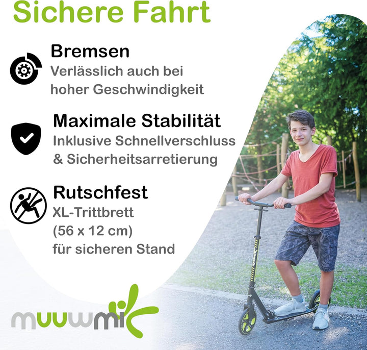 muuwmi Aluminium Scooter Pro – Tretroller, 215 mm, ABEC 7, für Kinder und Erwachsene, GS-geprüft, hö