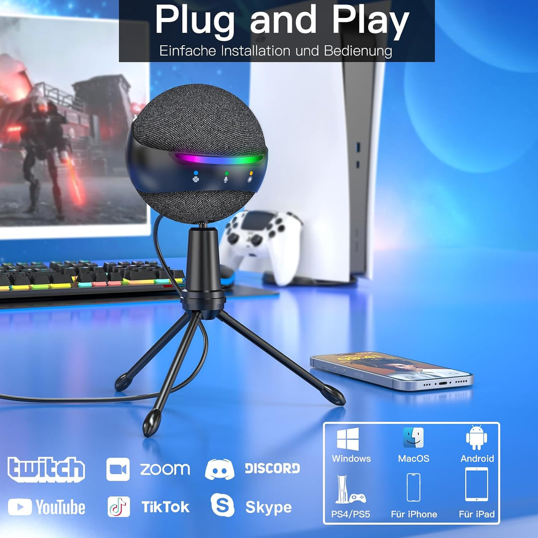 zealsound USB Mikrofon für iPhone, PC, Mac,PS4/PS5 – Geräuschunterdrückung Touch-Stummschaltung Echo