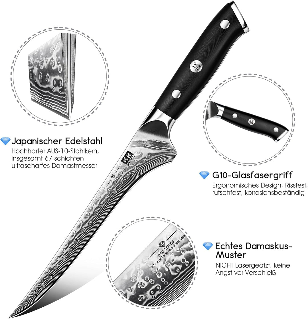SHAN ZU Damast Filetiermesser 18 cm Küchenmesser, Ausbeinmesser aus 67 Lagen Japanischem Damaststahl
