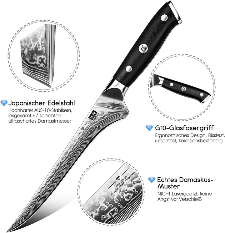 SHAN ZU Damast Filetiermesser 18 cm Küchenmesser, Ausbeinmesser aus 67 Lagen Japanischem Damaststahl