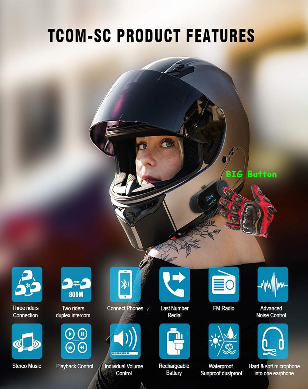 FreedConn T-COM SC 800M Intercom Motorrad Bluetooth 2er Set, Helm Kommunikationssystem für 2 Persone