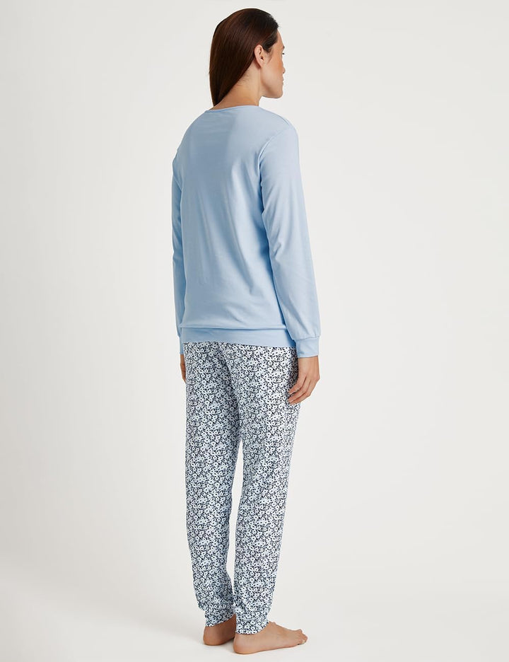 CALIDA Sweet Dreams Bündchen-Pyjama, Schlafanzug Damen, aus 100% Baumwolle, Hose mit stoffbezogenem