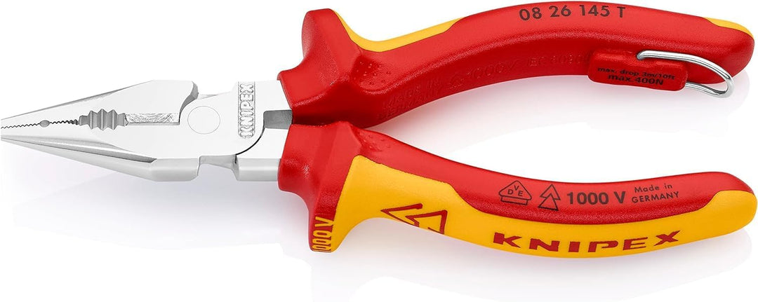Knipex Spitz-Kombizange verchromt, isoliert mit Mehrkomponenten-Hüllen, VDE-geprüft; mit Befestigung