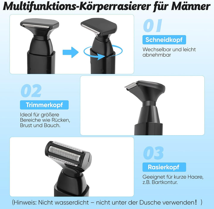 Rückenrasierer für Männer, Körpertrimmer Elektrischer mit 2 abnehmbare Scherköpfe & Ergonomischer Ar