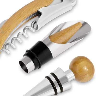 Maverton Wein Geschenkbox für 0,7L Weinflasche + Aufdruck + 4er Weinzubehör - Weinset aus Bambus - 3