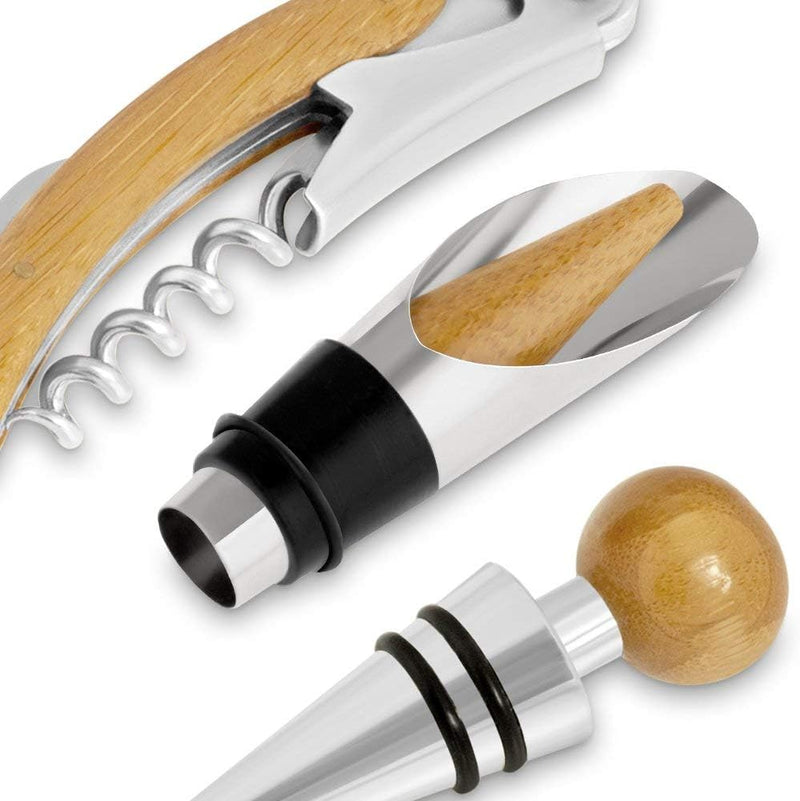 Maverton Wein Geschenkbox für 0,7L Weinflasche + Aufdruck + 4er Weinzubehör - Weinset aus Bambus - 3