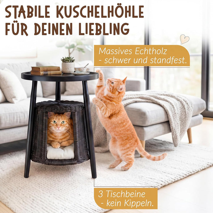 Petigi Katzentisch Beistelltisch Rattan Katzenhöhle Katzenbett Couchtisch | aus Holz und Rattan, Sch