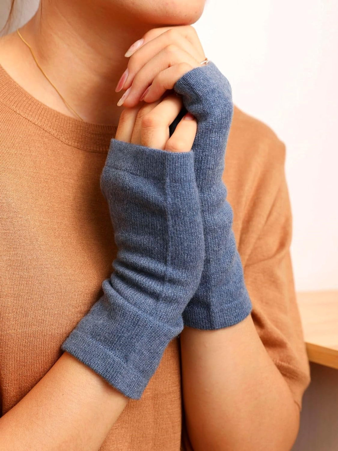 Kaschmir-Wolle Damen Pulswärmer fingerlose Handschuhe Hand-Stulpen 19 cm X 10 cm hell Jeansblau, 19