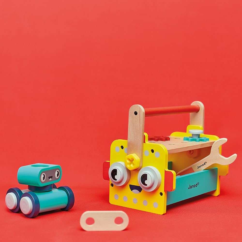 Janod - Mein erstes Konstruktionsspiel - Roboter-Werkzeugkasten - 30 Zubehörteile - Rollenspiel - Fö