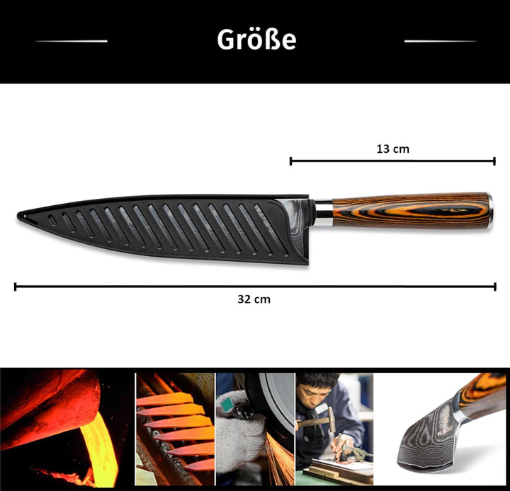Wolfblood Damastmesser Küchenmesser XL(32cm) Profi-Kochmesser aus 67 Lagen Damaststahl & VG10 Allzwe