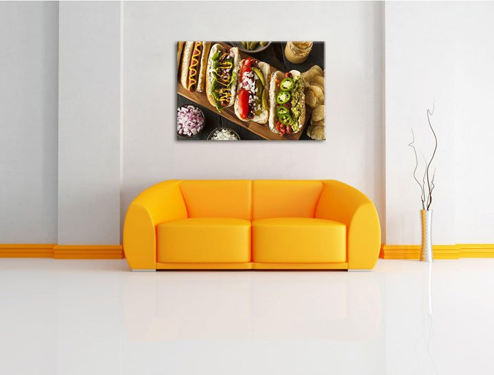 Amerikanische Hotdogs Format: 100x70 auf Leinwand, XXL riesige Bilder fertig gerahmt mit Keilrahmen,