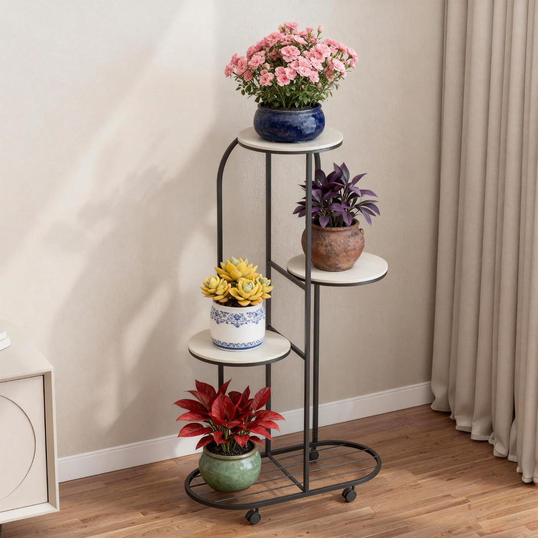 GarveeHome 4-Etagen Rollbarer Pflanzenständer, Höhenverstellbarer Blumenständer mit Rädern, Stabiler