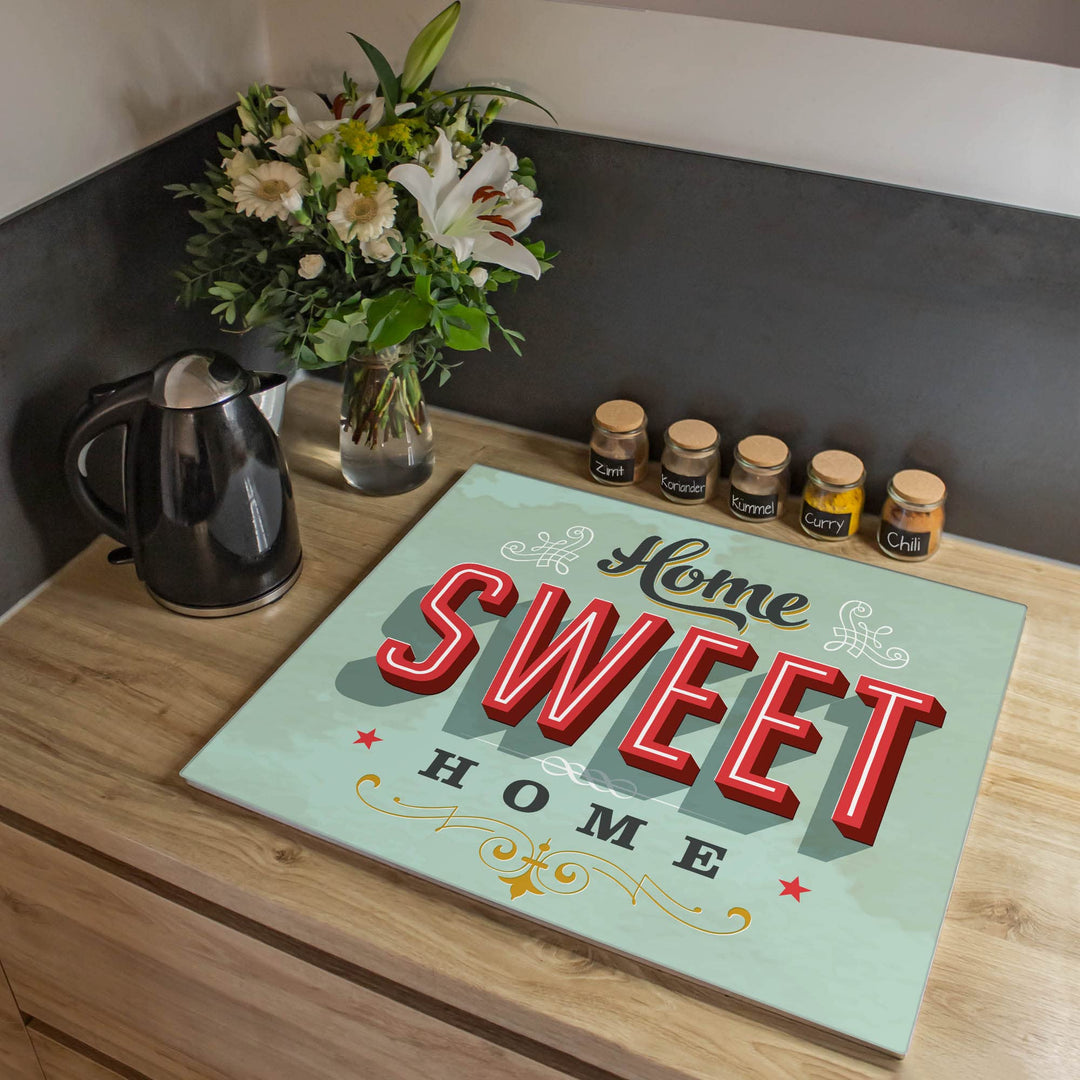banjado® Herdabdeckplatte Glas 1-teilig 60x52 cm/Schneidebrett Herdabdeckung mit Motiv Home Sweet Ho
