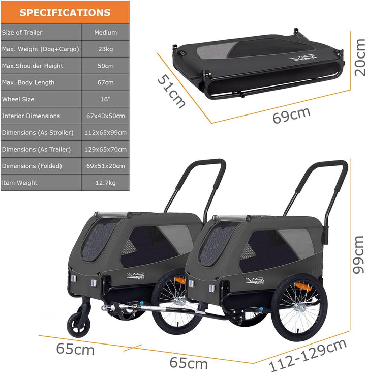 Tiggo VS Pets Medium Hundeanhänger & Buggy 2in1 Fahrradanhänger Hundebuggy Jogger 80204 Grau, Grau