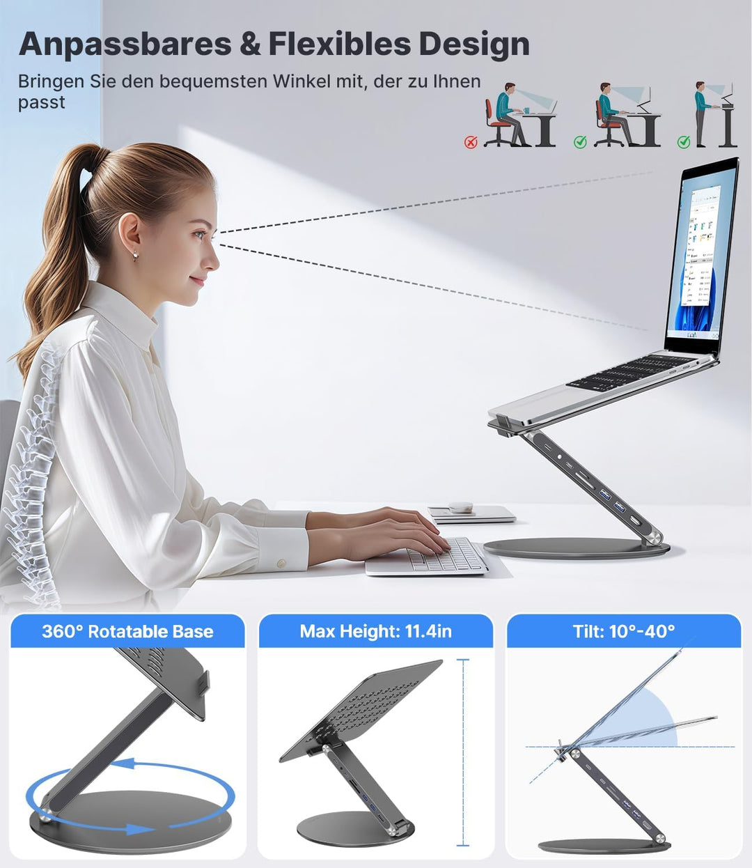 KU XIU Verstellbar Laptop Ständer mit 8-in-1 Dockingstation, Aluminium Laptop Halterung mit USB HUB