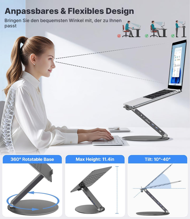 KU XIU Verstellbar Laptop Ständer mit 8-in-1 Dockingstation, Aluminium Laptop Halterung mit USB HUB
