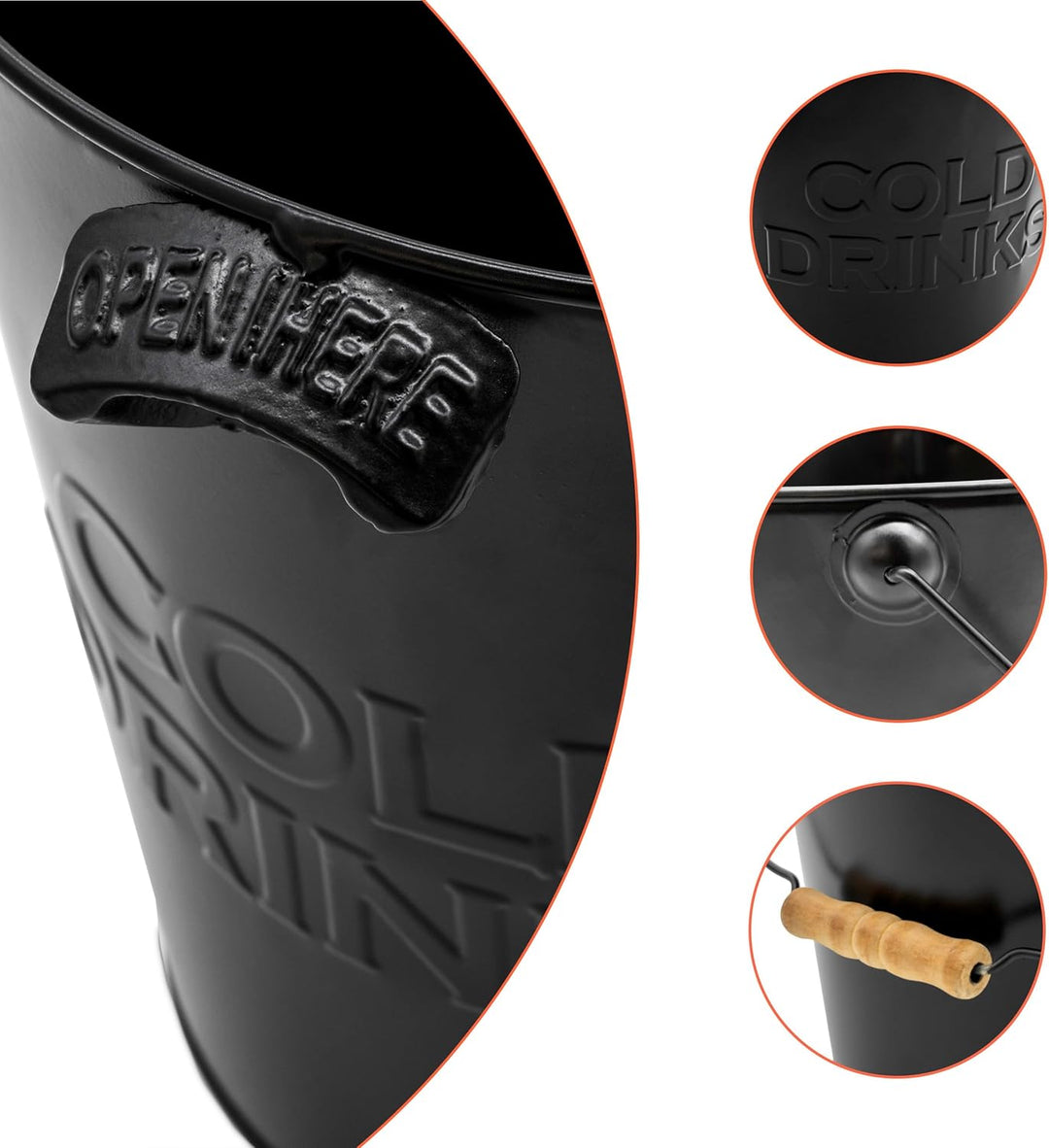 Zink Eiseimer mit integriertem Flaschenöffner - schwarz - Metall Getränkekühler 22 cm mit Holzgriff
