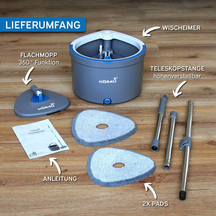 kör4u Wischmopp Set mit Eimer und 2-Kammer-System zur Trennung von Schmutz- und Frischwasser, mit Au