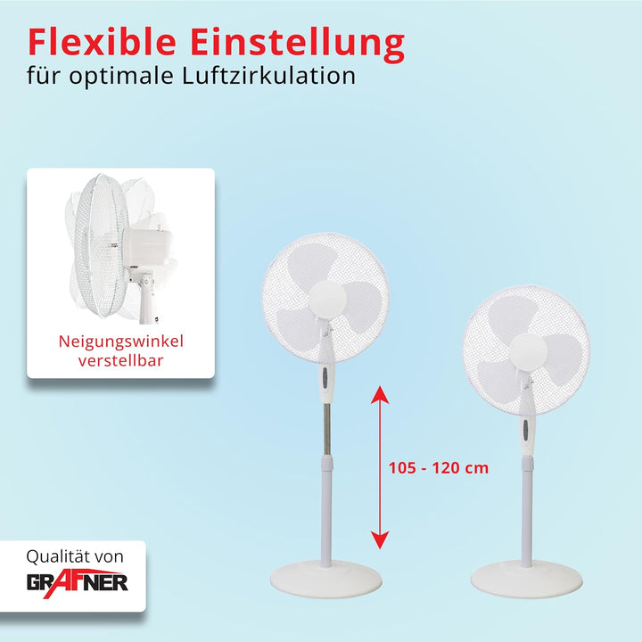 Grafner Standventilator 40 cm, 3 Geschwindigkeitsstufen, höhenverstellbar 105–120 cm, 80° Schwenkfun