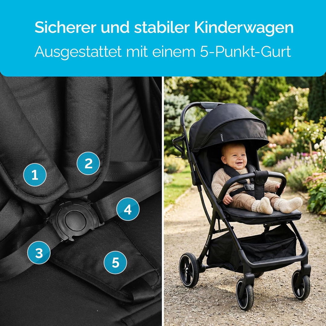 Fjällräv Buggy Kinderwagen bis 22 kg, Leicht, Einhand-Faltbar, 4-fach Verdeck mit Fenster, 360° Gel-