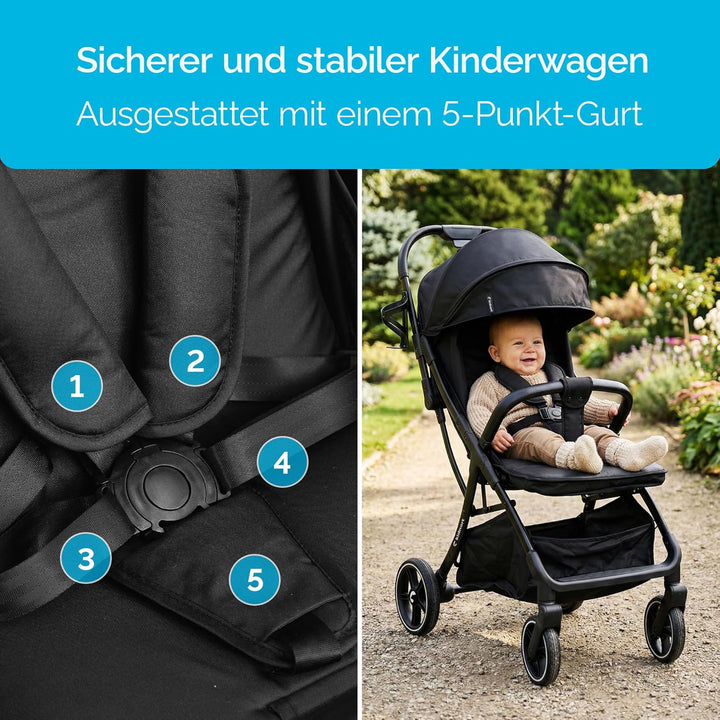 Fjällräv Buggy Kinderwagen bis 22 kg, Leicht, Einhand-Faltbar, 4-fach Verdeck mit Fenster, 360° Gel-