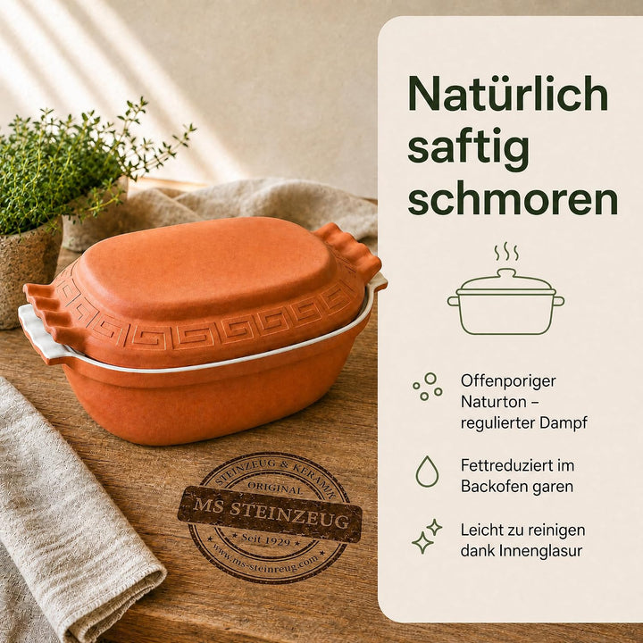 TerraStone Bräter oval mit Deckel, 42x27x17 cm, Terrakotta | Natürlicher Tonbräter für saftige Schmo