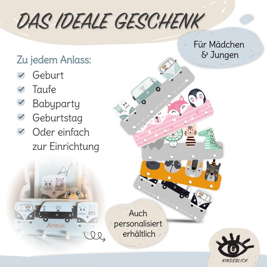 Garderobe mit Wunschname inkl. DIN A4 Poster - Personalisierte Kindergarderobe mit 4 Kleiderhaken fü