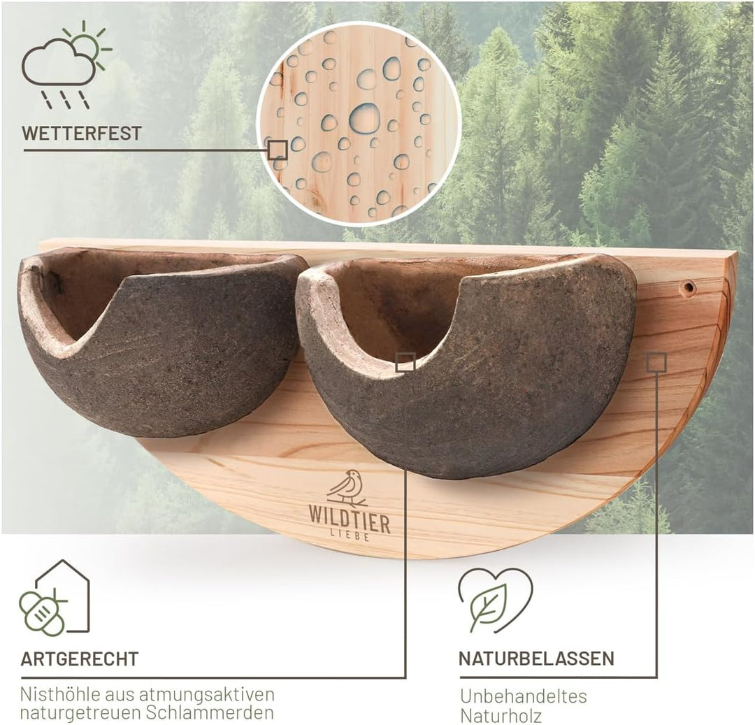 wildtier liebe Schwalbennest, Doppelnest I Nisthilfe Natur für Mehlschwalben aus Massiv-Holz &amp; Natur