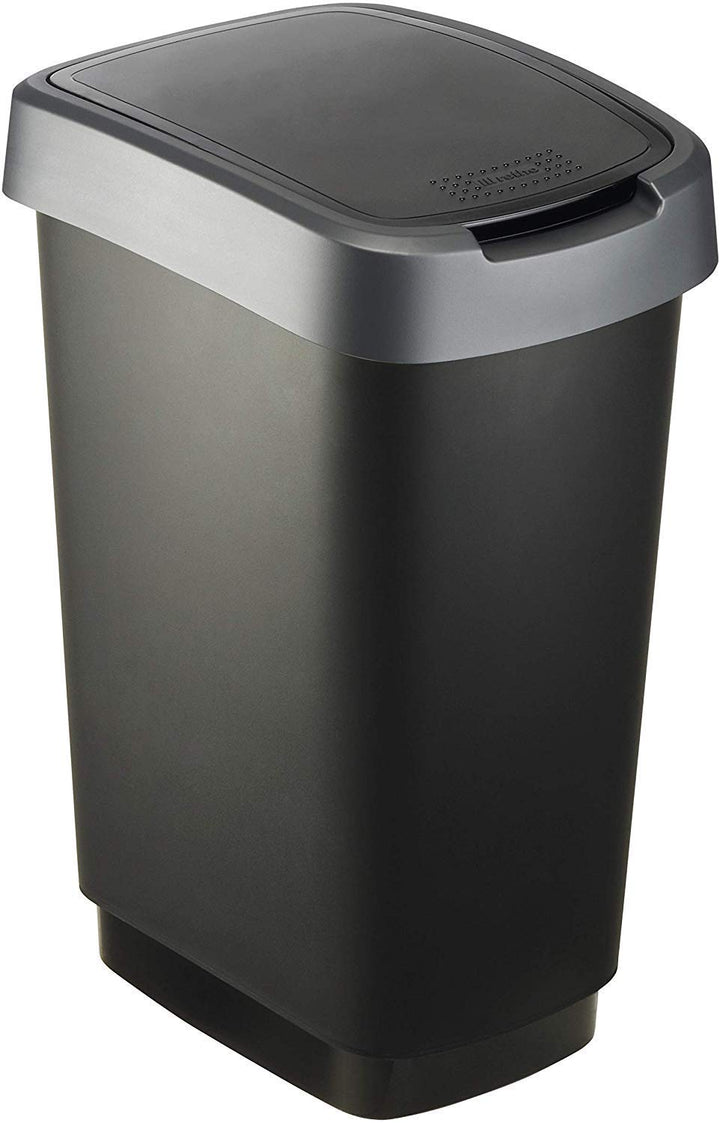 Rotho Twist Mülleimer 25l mit Deckel, Kunststoff (PP) BPA-frei, schwarz/silber, 25l (33.3 x 25.2 x 4