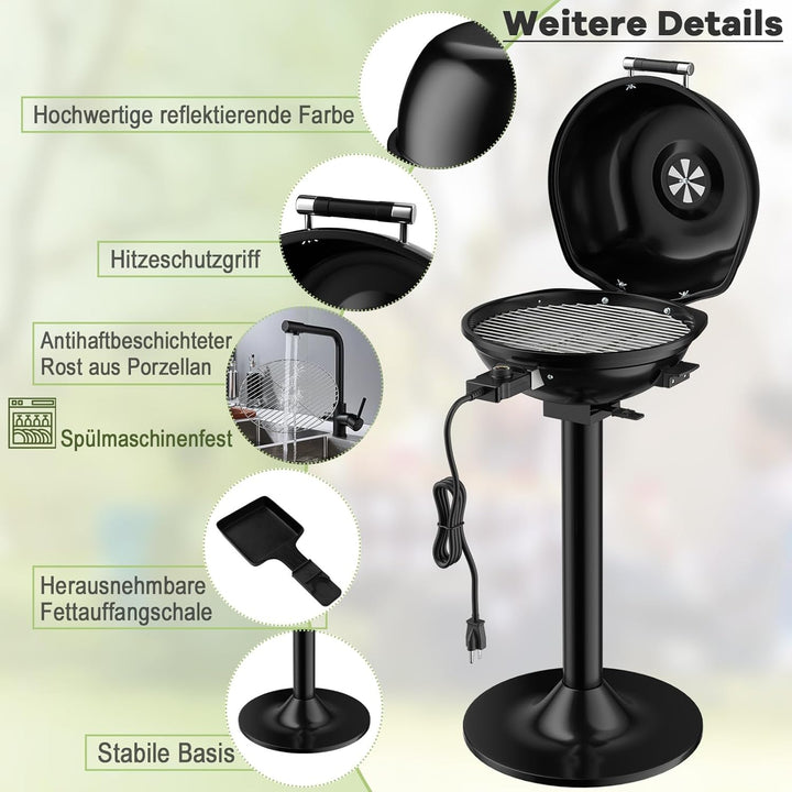 COSTWAY Elektrogrill 1600W freistehend, Standgrill mit 2-Zonen Grillplatte, Elektrischer BBQ Grill 9