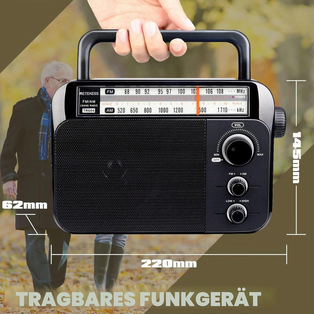 Retekess TR604 Kofferradio,Tragbares Radio,Einfaches Radio,Netzkabel oder Batteriebetrieb,Grosser Kn