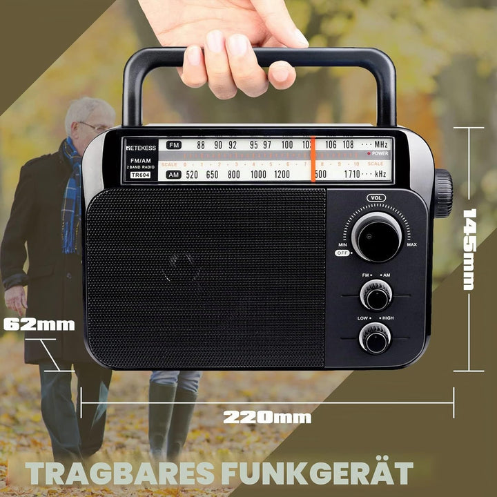 Retekess TR604 Kofferradio,Tragbares Radio,Einfaches Radio,Netzkabel oder Batteriebetrieb,Grosser Kn