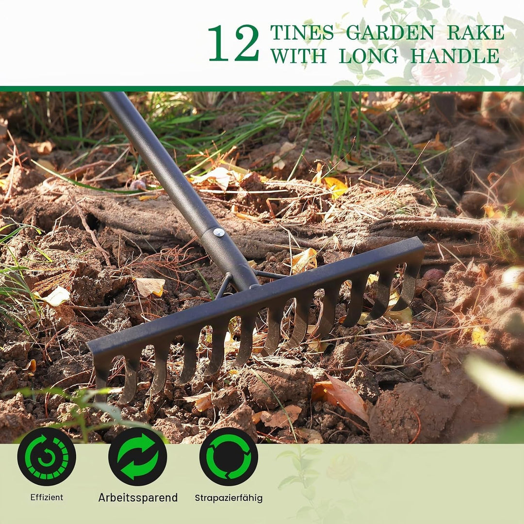 RAK Garten Rechen 189 cm, Metall Rechen Garten mit Stiel, Harke mit 12 Stahlzinken zum Lockern von B