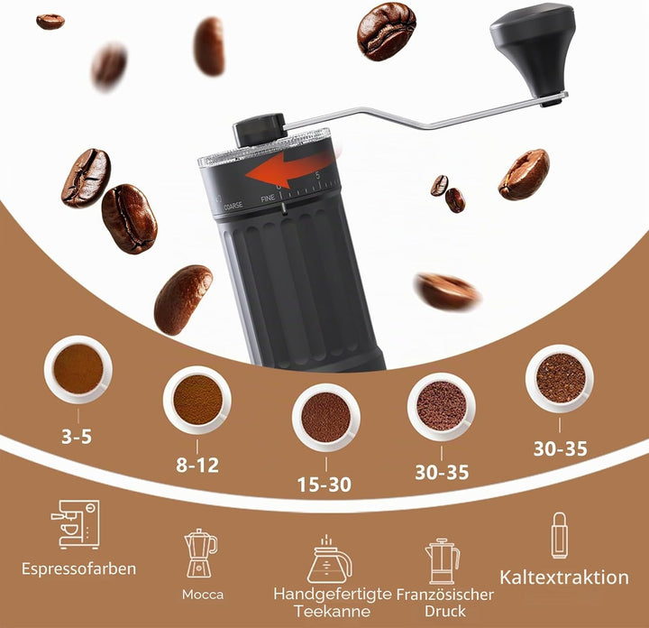 Manuelle Kaffeemühle, 30 g Kapazität, Kaffeebohnen-Handmühle mit 40 einstellbaren Einstellungen für