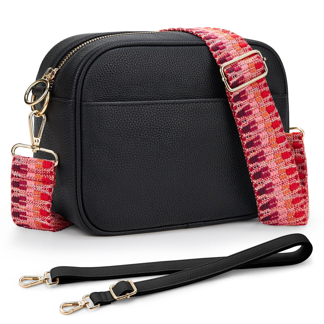 KALIDI Damen Umhängetasche, stylisch Veganem Leder Breiter Gurt Crossbody Schultertasch mit 2 abnehm