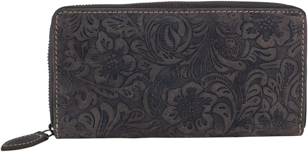 LEAS Damenlangbörse umlaufenden Reissverschluss Lilianen-Muster Echt-Leder, braun Vintage-Collection