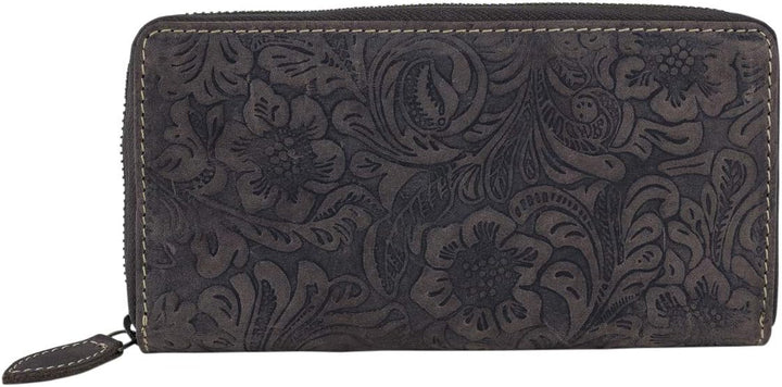LEAS Damenlangbörse umlaufenden Reissverschluss Lilianen-Muster Echt-Leder, braun Vintage-Collection