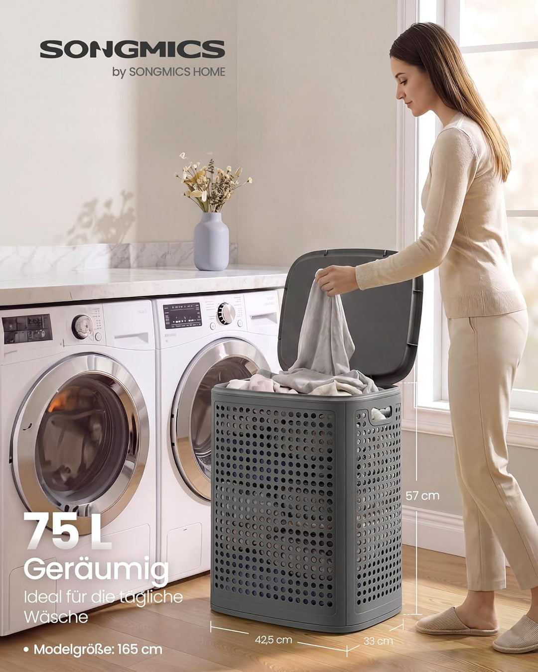 SONGMICS Wäschekorb mit Deckel, Wäschesammler Plastik, 75 L, Wäschetonne schmal, Wäschebox platzspar