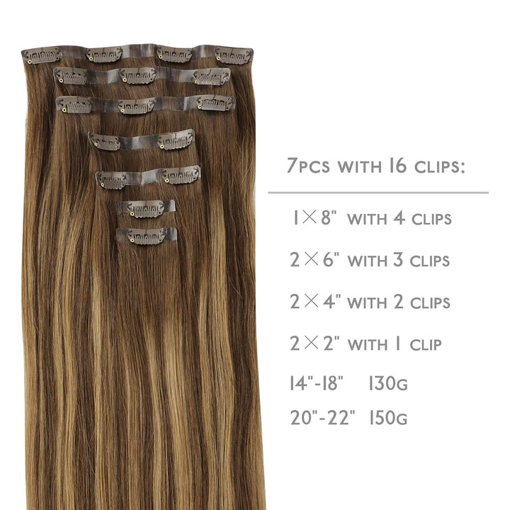 WENNALIFE Nahtlose Clip In Extensions Echthaar, 50cm 7pcs 150g Balayage Schokoladenbraun bis Karamel