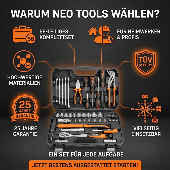 NEO TOOLS Universal Werkzeugkoffer 56-teilig mit Ratsche und Stecknüssen | CrV- und S2-Stahl; 72-Zah